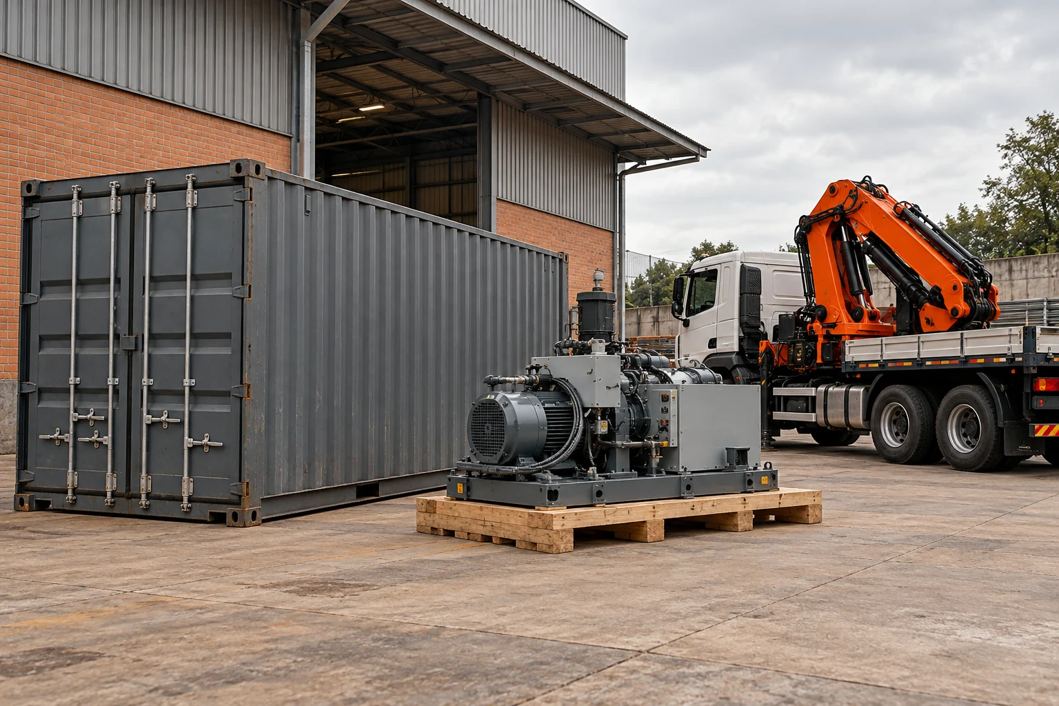 Imagem ilustrativa de contêiner e máquina industrial acondicionada para movimentação