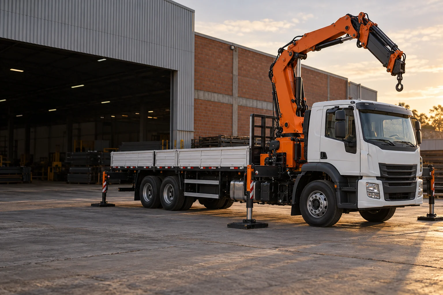 Imagem ilustrativa de caminhão com guindaste articulado estacionado em pátio industrial